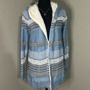NWT‎ LETY & ME Dockerie Sherpa Trim Hooded Cardigan in blues/white